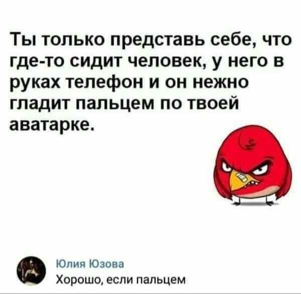 Ты только представь себе что где то сидит человек у него в руках телефон и он нежно гладит пальцем по твоей аватарке 0 Юлия Югова Хорошо если пальцем