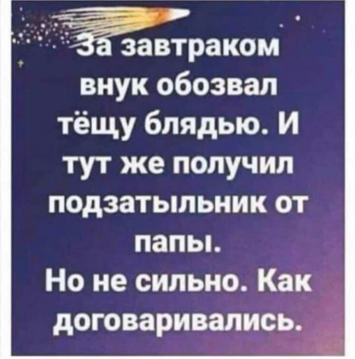 завтраком внук обозвал тёщу блядью И тут же получил подзатыпьник от папьъ Но не сильно Как договаривались