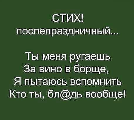 СТИХ поспепраздничный Ты меня ругаешь За вино в борще Я пытаюсь вспомнить Кто ты бпдь вообще