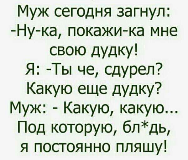Муж сегодня загнул Ну ка покажи ка мне свою дудку Я Ты че сдуреп Какую еще дудку Муж Какую какую Под которую блдь я постоянно пляшу