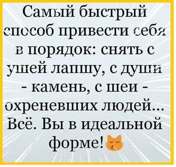 Самый быстрый способ привести себя В порядок снять с ушей лапшу с д И камень с шеи охреневших людей Всё Вы в Идеальной форме