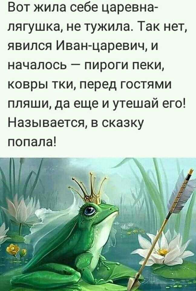 Вот жила себе царевна лягушка не тужила Так нет явился Иван царевич и началось пироги пеки ковры тки перед гостями пляши да еще и утешай его Называется в сказку попала