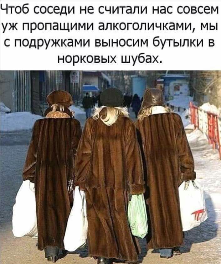Чтоб соседи не считали нас совсем уж пропащими алкоголичками мы с подружками выносим бутылки в норковых шубах