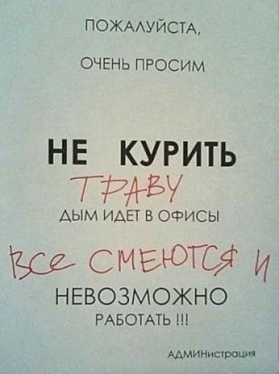 ПОЖААУЙСТА ОЧЕНЬ ПРОСИМ не курить тии АЫМ ИАЕТ В ОФИСЫ СМЕЮТСЯ И НЕВОЗМОЖНО РАБОТАТЬ ААМИНМСУРОЦИ