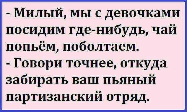 Милый МЫ с девочками посидим где нибудь чай попьём поболтаем Говори точнее откуда забирать ваш пьяный партизанский отряд