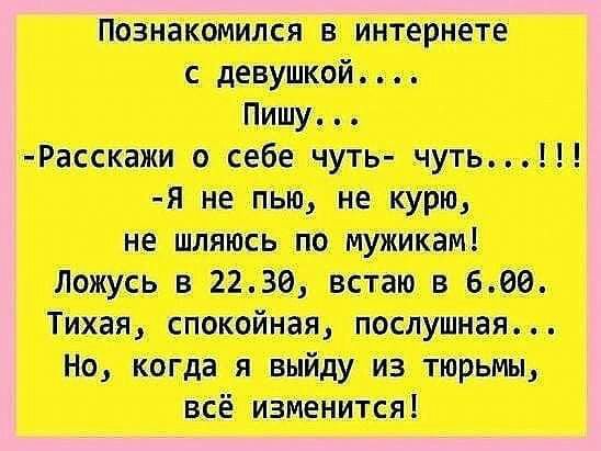 Познакомился в интернете с девушкой Пишу Расскажи о себе чуть чуть Я не пью не курю не шляюсь по мужикам Ложусь в 2230 встаю в 600 Тихая спокойная послушная Но когда я выйду из тюрьмы всё изменится