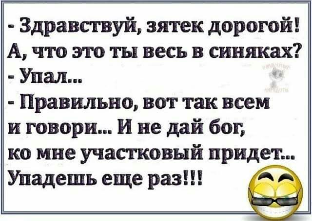 Здравствуй зятек дорогой А что это ты весь в синяках Упал Правильно вот так всем и говори И не дай бог ко мне участковый придет Упадешь еще раз