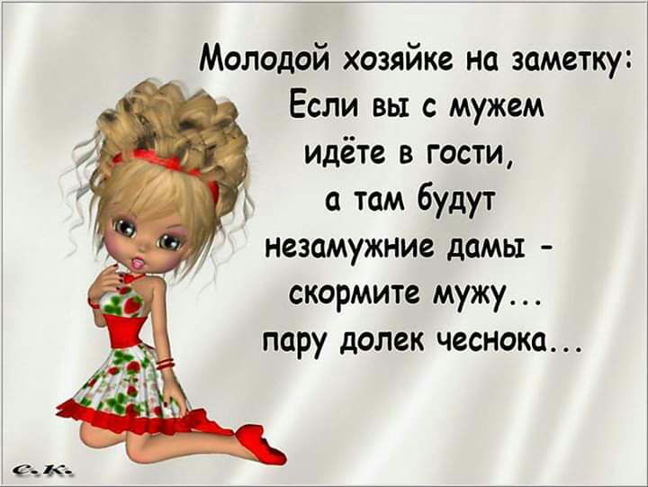 Молодой хозяйке на заметку Если вы с мужем идёте в гости а там будут незамужние дамы скормите мужу пару долек чеснока СъКч
