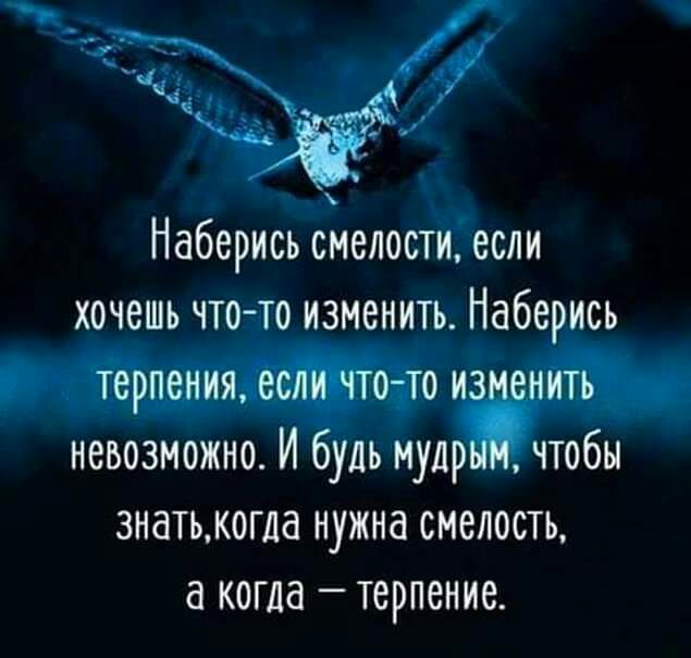 _ Наберись смелости если хочешь что то изменить Наберись терпения естігтго то из нить невозможно И будь мулрЁчтобы знатькогда нужна смелость а когда терпение