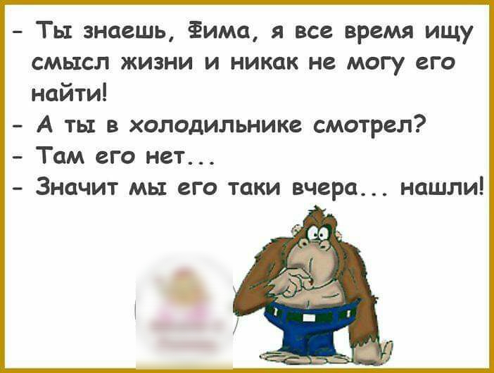 Ты знаешь Фима я все время ищу смысл жизни и никак не могу его найти А ть в холодильнике смотрел Там его нет Значит мы его таки вчера нашли