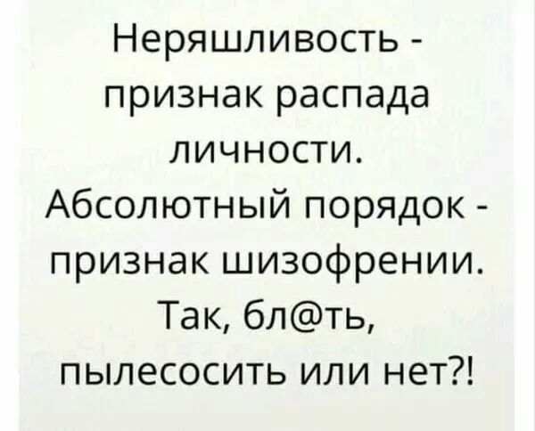 Неряшливость признак распада личности Абсолютный порядок признак шизофрении Так блть пылесосить или нет