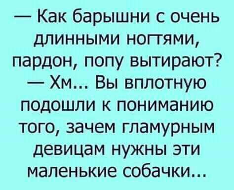 Как барышни с очень длинными ногтями пардон попу вытирают Хм Вы вплотную подошли к пониманию того зачем гламурным девицам нужны эти маленькие собачки