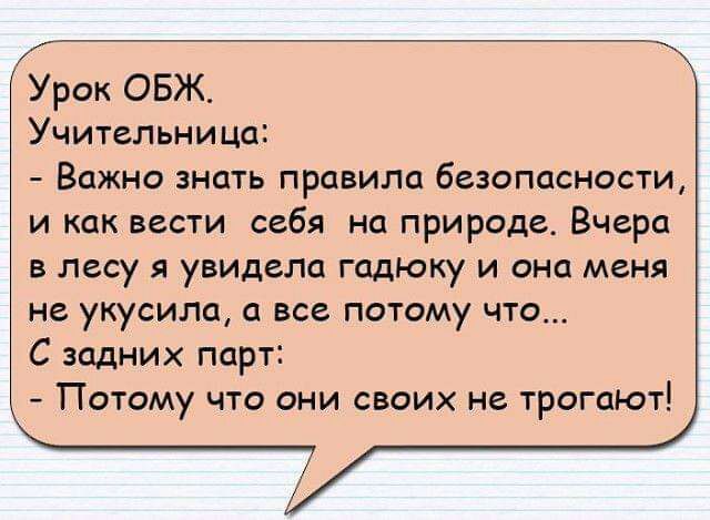 Урок ОБЖ Учительница Важно знать правила безопасности и как вести себя на природе Вчера в лесу я увидела гадюку и она меня не укусила а все потому что С задних парт Потому что они своих не трогают