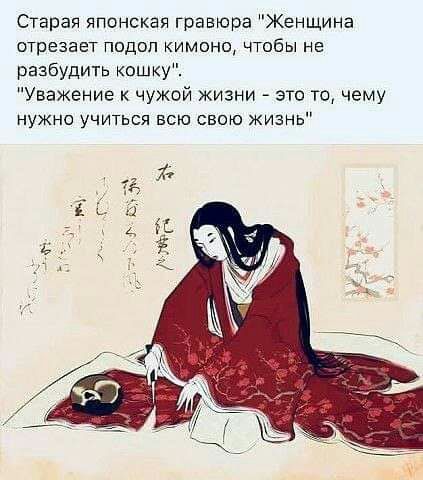Старая японская гравюра Женщина ОТРЭЗЭЕТ ПВДОП КИМОНО ЧТОБЫ НЕ разбудить кошку Уважение к чужой жизни это то чему нужна учиться всю свою жизнь