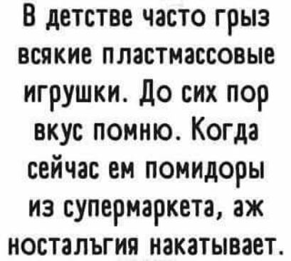 В детстве часто грыз всякие пластмассовые игрушки до сих пор вкус помню Когда сейчас ем помидоры из супермаркета аж ностальгия накатывает
