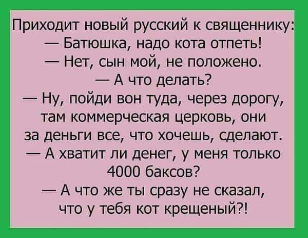 Приходит новый русский к священнику Батюшка надо кота отпеть Нет сын мой не положено А что делать Ну пойди вон туда через дорогу там коммерческая церковь они за деньги все что хочешь сделают А хватит ли денег у меня только 4000 баксов А что же ты сразу не сказал что у тебя кот крещеный