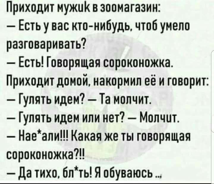 Приходит мужик в зоомагазин Есть у вас кто нибудь чтоб умело разговаривать Есть Говорящая сороконожка Приходит домой накормил её и говорит Гулять идем Та молчит Гулять идем или нет Молчит Наеапи Какая же ты говорящая сороконожка Да тихо блть Я обуваюсь