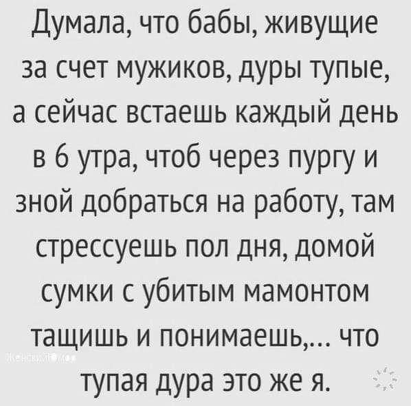 Думала что бабы живущие за счет мужиков дуры тупые а сейчас встаешь каждый день в 6 утра чтоб через пургу и зной добраться на работу там стрессуешь пол дня домой сумки с убитым мамонтом тащишь и понимаешь что тупая дура это же я