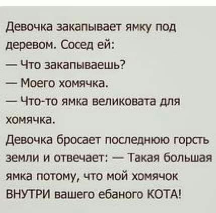 Девочка закапывает ямку под деревом Сосед ей Что закапываешь Моего хомячка Чтсъто ямка аепмковата для хомячка девочка бросает поспеднюю горсть земли и отвечает Такая большая ямка потому что мой хомячок ВНУТРИ вашего ебаьюго КОТА