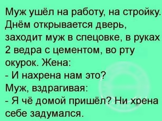 Муж ушёл на работу на стройку Днём открывается дверь заходит муж в спецовке в руках 2 ведра с цементом во рту окурок Жена И нахрена нам это Муж вздрагивая Я чё домой пришёл Ни хрена себе задумался