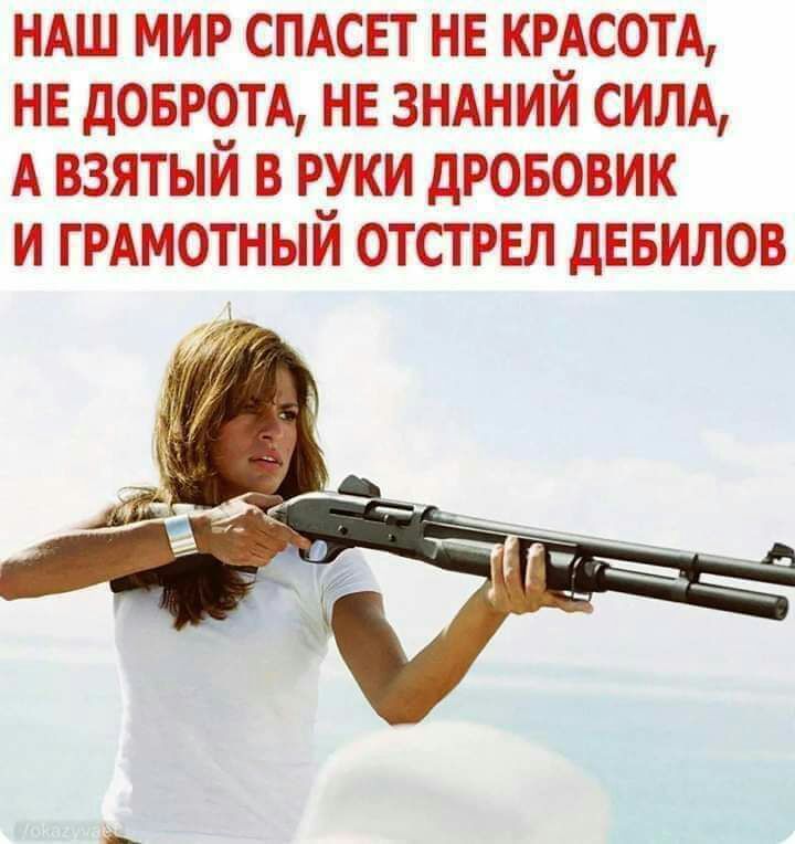 НАШ МИР СПАСЕТ НЕ КРАСОТА НЕ дОБРОТА НЕ ЗНАНИЙ СИЛА А ВЗЯТЫИ В РУКИ дРОБОВИК И ГРАМОТНЫИ ОТСТРЕЛ дЕБИЛОВ