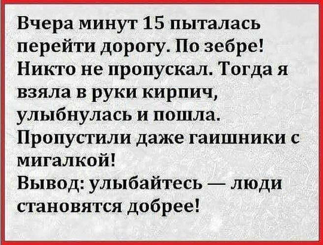 Вчера минут 15 пыталась перейти дорогу По зебре Никто не пропускал Тогда я взяла в руки кирпич улыбнулась и пошла Пропустили даже гаишники с мигалкой Вывод улыбайтесь люди становятся добрее