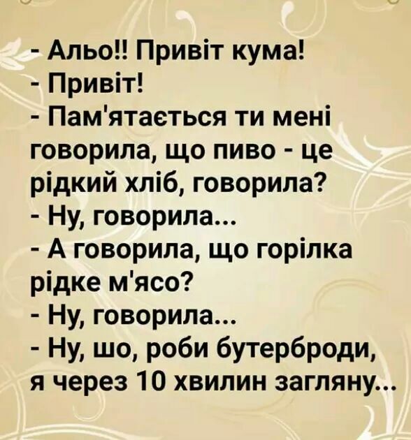 Альо Привіт кума Привіт Памятаеться ти мені говорила що пиво це рідкий хліб говорила Ну говорила А говорила що горіпка рідке мясо Ну говорила Ну шо роби бутерброди я через 10 хвилин загляну