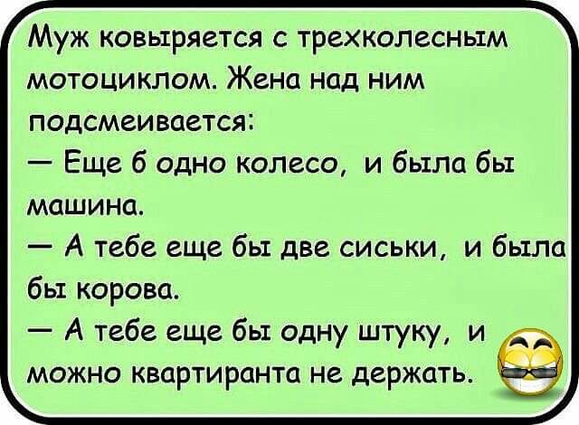 Муж ковыряется с трехколесным мотоциклом Жена над ним подсмеивается Еще 6 одно колесо и была бы МОШИНО А тебе еще бы две сиськи и была бы корова А тебе еще бы одну штуку и МОЖНО КВОРТИРОНТЦ не держать