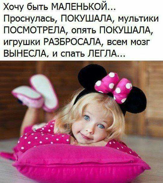 Хочу быть МАЛЕНЬКОЙ Проснулась ПОКУШАЛА мультики ПОСМОТРЕЛА опять ПОКУШАЛА игрушки РАЗБРОСАЛА всем мозг ВЫНЕСЛА и спать ЛЕГЛА