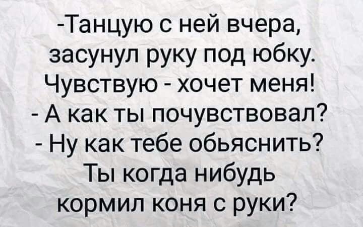 Танцую с ней вчера засунул руку под юбку Чувствую хочет меня А как ты почувствовал Ну как тебе обьяснить Ты когда нибудь кормил коня с руки