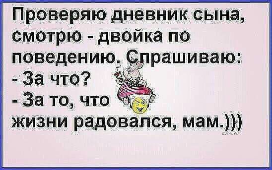 Проверяю дневник сына смотрю двойка по поведению рашиваю За то что _ жиЗни радОвапся мам
