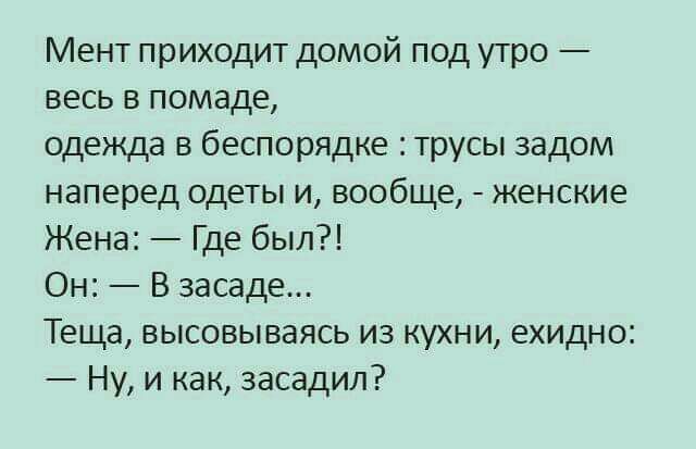 Мент приходит домой под утро весь в помаде одежда в беспорядке трусы задом наперед одеты и вообще женские Жена Где был Он В засаде Теща высовываясь из кухни ехидно Ну и как засадил