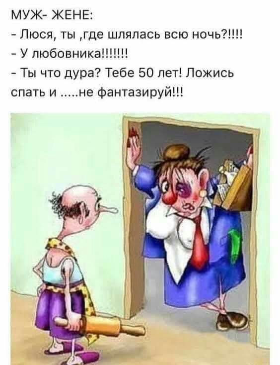 МУЖ ЖЕНЕ Люся ты где шлялась всю ночь У пюбовника Ты что дура Тебе 50 лет Ложись спать и не фантазируй