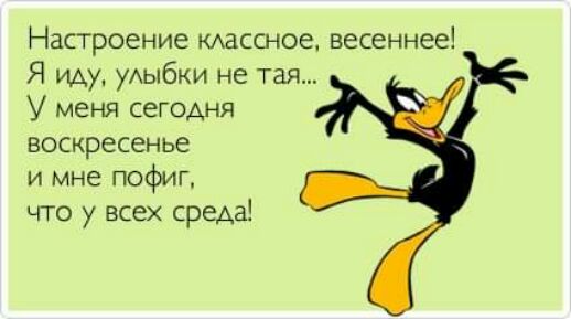 Насгроение массное весеннее Я иду уАыбки не тая У меня сегоАня воскресенье и мне пофиг что у всех среда