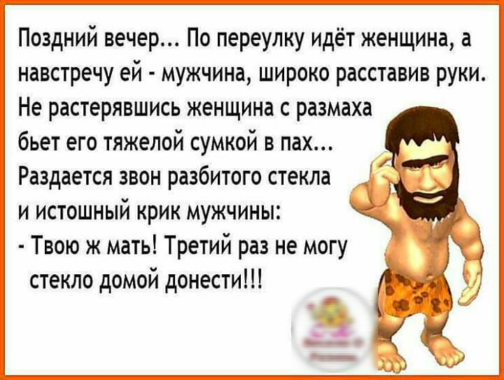 Поздний вечер По переулку идёт женщина а навстречу ей мужчина широко расставив руки Не растерявшись женщина с размаха бьет его тяжелой сумкой в пах Раздается звон разбитого стекла и истошный крик мужчины Твою ж мать Третий раз не могу стекло домой донести
