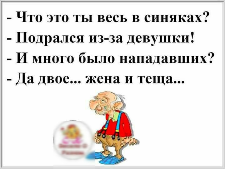Что это ты весь в синяках Подрался из за девушки И много было нападавших Да Двое жена и теща