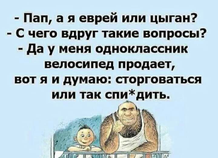 Пап а я еврей или цыган С чего вдруг такие вопросы да у меня одноклассник велосипед продает вот я и думаю сторговаться или так спидить