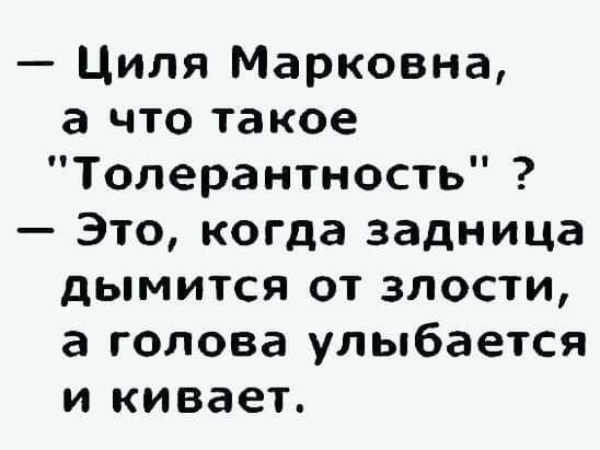 Циля Марковна а что такое Толерантность Это когда задница дымится от злости а голова улыбается и кивает