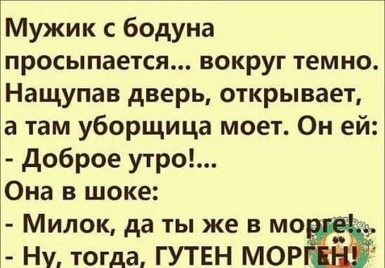 Мужик с бодуна просыпается вокруг темно Нащупав дверь открывает а там уборщица моет Он ей доброе утро Она в шоке Милок да ты же в мо Ну тогда гутвн мор ч