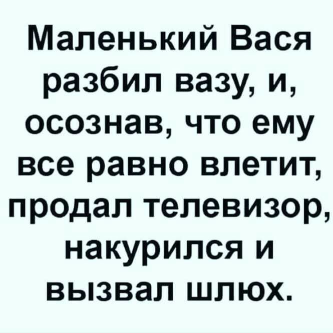 Маленький Вася разбил вазу и осознав что ему все равно влетит продал телевизор накурился и вызвал шлюх