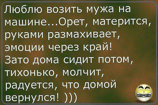 Люблю возить мужа на машинеОрет матерится руками размахивает эмоции через край Зато дома сидит потом тихонько молчит радуется что домой вернулся