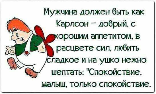 Мужчина должен бьггь как Карлсон Добрый с орошим аппетитом в расцвете сип любить падкое и на ушко нежно шептать Спокойствие мапыш ТОЛЬКО СПОКОЙСТВИЗ