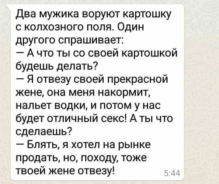 Два мужика воруют картошку с колхозного поля Один другого спрашивает А что ты со своей картошкой будешь делать Я отвезу своей прекрасной жене она меня накормит нальет водки и потом у нас будет отличный секс А ты что сделаешь Блять я хотел на рынке продать но походу тоже твоей жене отвезу