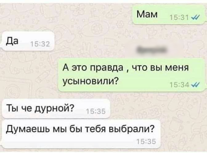 Мам ьга А это правда что вы меня усыновили Ты че дурной Думаешь мы бы тебя выбрали