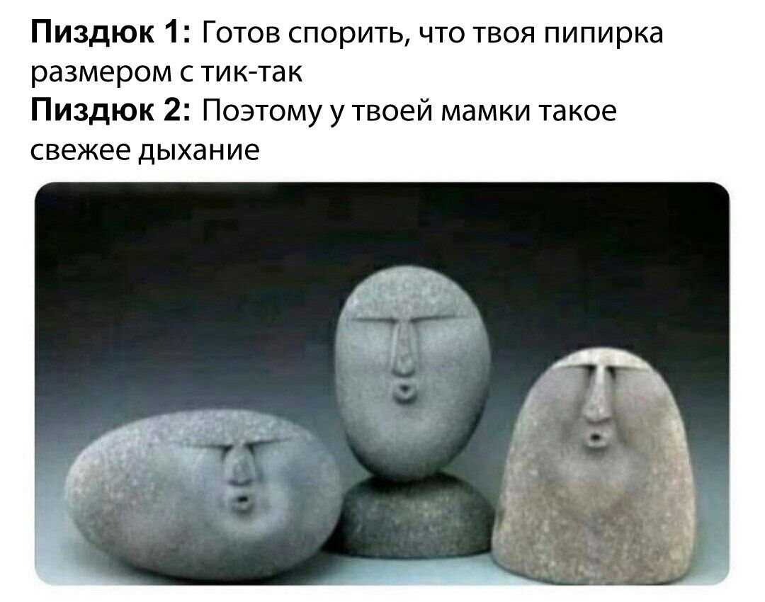 Пиздюк 1 Готов спорить что твоя пипирка размером с тиктак Пиздюк 2 Поэтому у твоей мамки такое свежее дыхание