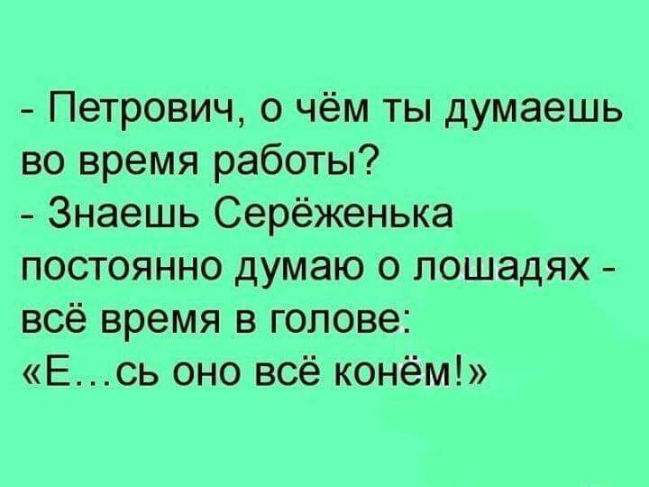 Петрович о чём ты думаешь во время работы Знаешь Серёженька постоянно думаю о лошадях всё время в голове Есь оно всё конём