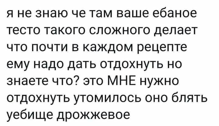 я не знаю че там ваше ебаное тесто такого сложного делает что почти в каждом рецепте ему надо дать отдохнуть но знаете что это МНЕ нужно отдохнуть утомилось оно блять уебище дрожжевое