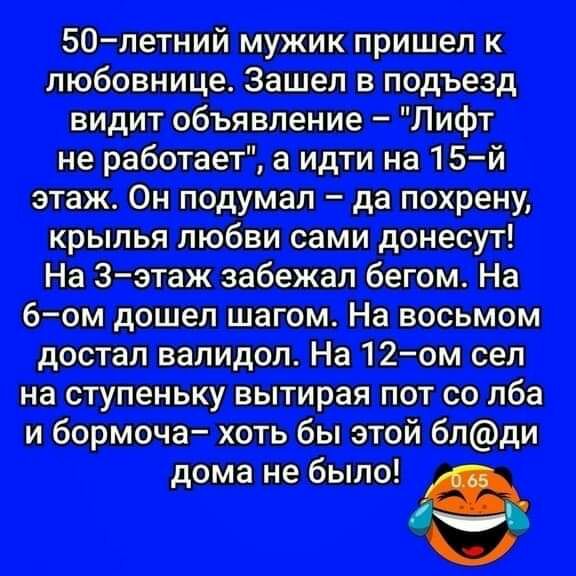 50летний мужик пришел к любовнице Зашел в подъезд видит объявление Лифт не работает а идти на 15 й этаж Он подумал да похрену крылья любви сами донесут На Зэтаж забежал бегом На бом дошел шагом На восьмом достал валидол На 12ом сел на ступеньку вытирая пот со лба и бормоча хоть бы этой блди дома не было 1