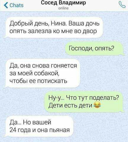 сЬасв Сосед Владимир сп Добрый день Нина Ваша дочь опять залезла о мне во двор Господи опять Да она снова гоняется за моей собакой чтобы ее потискать Нуу Что тут поделать Дети есть дети Да Но вашей 24 года и она пьяная