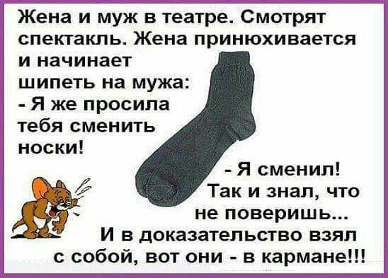 Жена и муж в театре Смотрят спектакль Жена принюхивается и начинает шипеть на мужа Я же просила тебя сменить Я сменил Так и знал что не поверишь И в доказательство взял с собой вот они в кармане